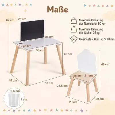 Dětský stůl se židlí Dětský psací stůl s tabulí pro děti od 3 let Bílá + přírodní