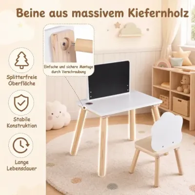 Dětský stůl se židlí Dětský psací stůl s tabulí pro děti od 3 let Bílá + přírodní