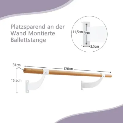 SP37861WH 120 cm dlouhá dřevěná baletní tyč včetně vzdálenosti od zdi montáž na stěnu taneční tyč natural SKLADEM