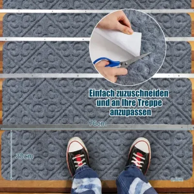15 protiskluzových schodových rohoží, 76 cm x 20 cm, na dřevěné schody, šedé