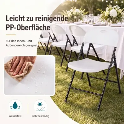 Sada 4 skládacích židlí, jídelní židle z plastu, kuchyňská židle s opěradlem a kovovým rámem, bílá