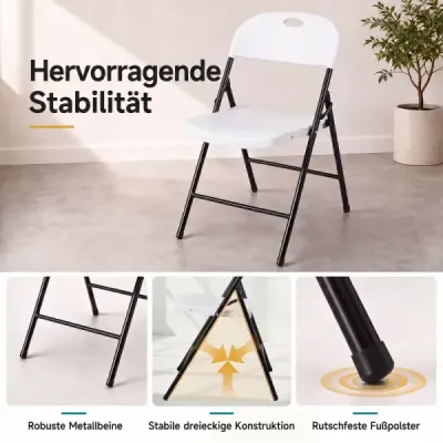 Sada 4 skládacích židlí, jídelní židle z plastu, kuchyňská židle s opěradlem a kovovým rámem, bílá