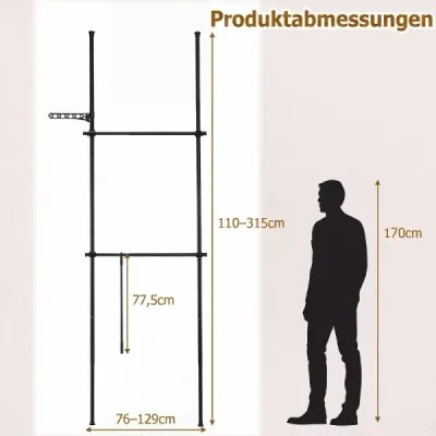 Teleskopický věšák na oblečení, výškově a šířkově nastavitelný, kovový věšák na oblečení se 2 tyčemi, černý