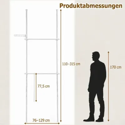 Teleskopický věšák na oblečení, výškově a šířkově nastavitelný, kovový věšák na oblečení se 2 tyčemi, bílý