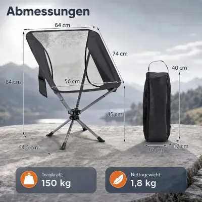 Otočná kempingová židle, skládací, nosnost až 150 kg, s držákem na nápoje a boční kapsou, černá