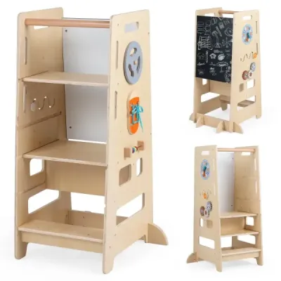 Dřevěná stupátková stolička s dvojitým nastavením výšky, 4 v 1, Montessori výuková věž, 52 x 50 x 89 cm, přírodní