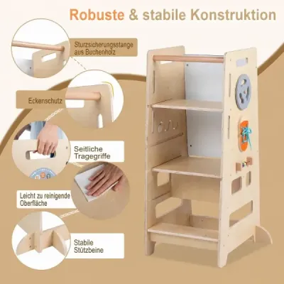 Dřevěná stupátková stolička s dvojitým nastavením výšky, 4 v 1, Montessori výuková věž, 52 x 50 x 89 cm, přírodní