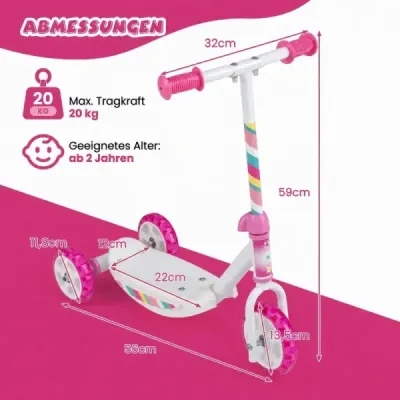 Dětská tříkolová koloběžka s LED koly, protiskluzovou nášlapnou plochou, nosností 20 kg, růžová