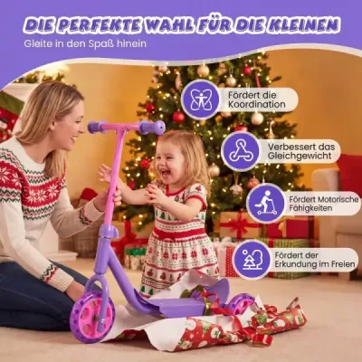 Koloběžka pro děti, tříkolka, dětská koloběžka se svítícími LED koly pro děti od 2 let, fialová