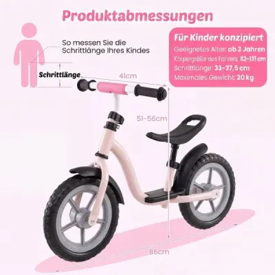 Dětské odrážedlo s vícepolohově nastavitelným sedlem a řídítky pro děti od 3 let, růžové