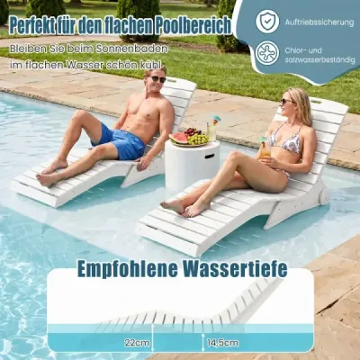 Lehátko z HDPE, ergonomické zahradní lehátko ve tvaru S, plážové lehátko odolné proti povětrnostním vlivům s kolečky, bílé