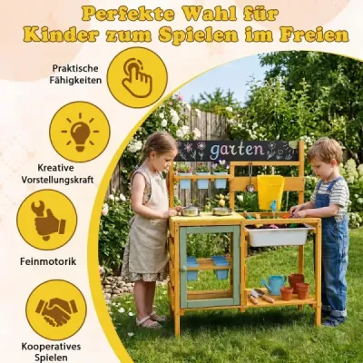 Dětská bahenní kuchyňka, venkovní hrací kuchyňka, dřevěná s nádrží na vodu, pro děti od 3 let, 69 x 29 x 85 cm, žlutá