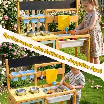 Dětská bahenní kuchyňka, venkovní hrací kuchyňka, dřevěná s nádrží na vodu, pro děti od 3 let, 69 x 29 x 85 cm, žlutá
