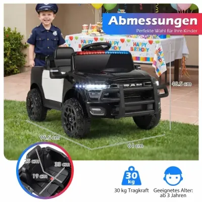 12V dětské elektrické auto s dálkovým ovládáním, blikajícím modrým světlem a originálními zvuky sirény, černé