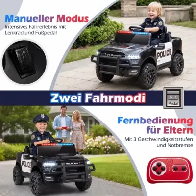 12V dětské elektrické auto s dálkovým ovládáním, blikajícím modrým světlem a originálními zvuky sirény, černé