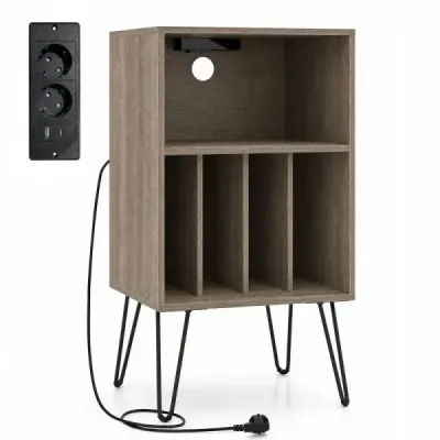 Stojan na gramofon Stojan na gramofon s nabíjecí stanicí, přihrádkou na vinylové desky a dalšími přihrádkami, šedý