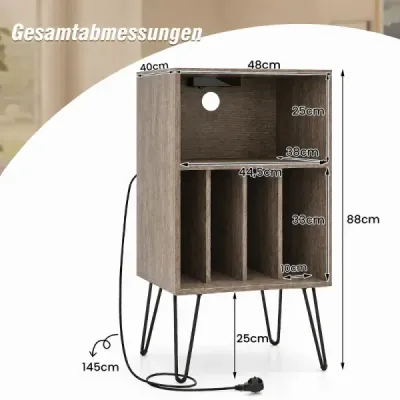 Stojan na gramofon Stojan na gramofon s nabíjecí stanicí, přihrádkou na vinylové desky a dalšími přihrádkami, šedý