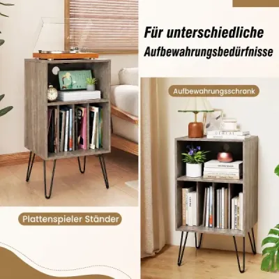 Stojan na gramofon Stojan na gramofon s nabíjecí stanicí, přihrádkou na vinylové desky a dalšími přihrádkami, šedý