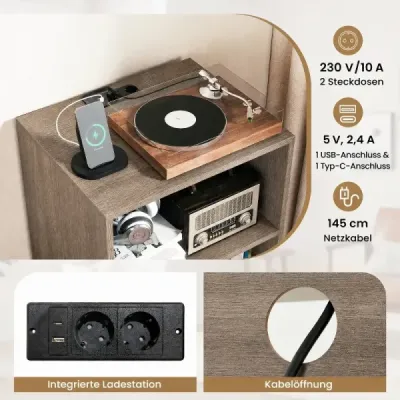 Stojan na gramofon Stojan na gramofon s nabíjecí stanicí, přihrádkou na vinylové desky a dalšími přihrádkami, šedý