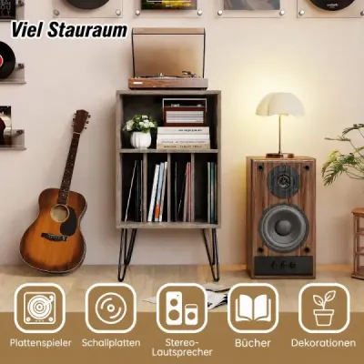 Stojan na gramofon Stojan na gramofon s nabíjecí stanicí, přihrádkou na vinylové desky a dalšími přihrádkami, šedý