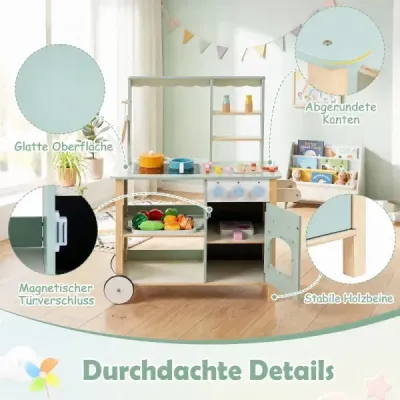 Dřevěná dětská kuchyňka, hrací kuchyňka s posuvnou rukojetí, hracím vařičem a kolečky pro děti od 3 let