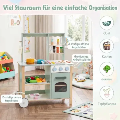 Dřevěná dětská kuchyňka, hrací kuchyňka s posuvnou rukojetí, hracím vařičem a kolečky pro děti od 3 let