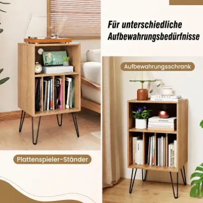 Stojan na gramofon s nabíjecí stanicí, vinylovým úložným prostorem a policemi, přírodní povrchová úprava
