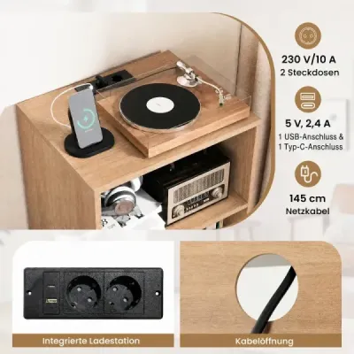 Stojan na gramofon s nabíjecí stanicí, vinylovým úložným prostorem a policemi, přírodní povrchová úprava