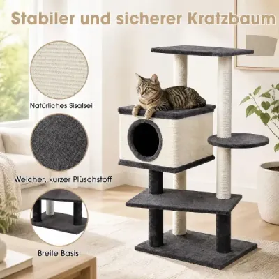 Škrabadlo pro kočky 99 cm s kočičím domečkem, škrabadlem, sisalovými sloupky a širokou základnou, šedé