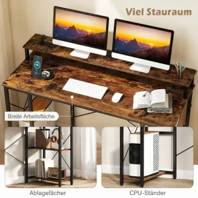 Počítačový stůl s LED osvětlením, zásuvkami a stojanem na monitor, 120 x 50 x 87 cm, hnědý