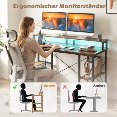 Počítačový stůl s LED osvětlením, zásuvkami a stojanem na monitor, 120 x 50 x 87 cm, hnědý