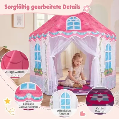 Dětský stan v provedení „princezninový hrad“ pro děti od 3 let – herní stan se záclonkami, růžový