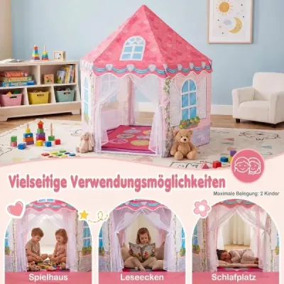 Dětský stan v provedení „Princezninův hrad“ pro děti od 3 let – herní stan se závěsy a taneční podložkou, růžový