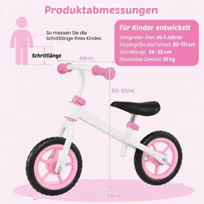Dětské odrážedlo s výškově nastavitelným řídítkem pro děti od 3 let, nosnost 20 kg, růžové