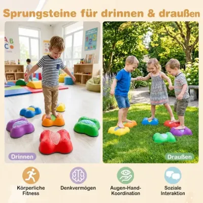 Balancovací kameny pro děti od 3 let, sada 6 kusů, stohovatelné, šlapací kameny se zaoblenými hranami