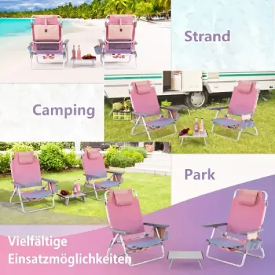 3-dílná sada plážových lehátek a stolků venkovní lehátka s rolovacím kempingovým stolem růžová