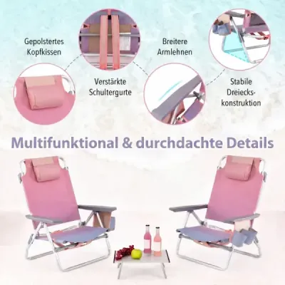 3-dílná sada plážových lehátek a stolků venkovní lehátka s rolovacím kempingovým stolem růžová
