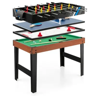 Multifunkční herní stůl 4 v 1, 125 cm – stolní fotbal, kulečník, airhockey, stolní tenis, včetně příslušenství, do herny, černý