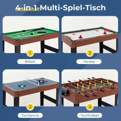 Multifunkční herní stůl 4 v 1, 125 cm – stolní fotbal, kulečník, airhockey, stolní tenis, včetně příslušenství, do herny, černý
