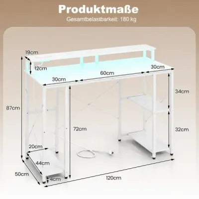 Computertisch mit LED-Beleuchtung Steckdosen & Monitorständer 120 x 50 x 87 cm Weiß