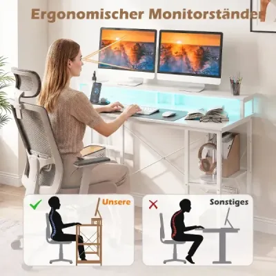Computertisch mit LED-Beleuchtung Steckdosen & Monitorständer 120 x 50 x 87 cm Weiß