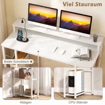 Computertisch mit LED-Beleuchtung Steckdosen & Monitorständer 120 x 50 x 87 cm Weiß