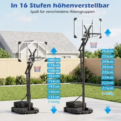Basketbalový koš s PE deskou, venkovní basketbalový systém, 215-260 cm, výškově nastavitelný v 8 směrech