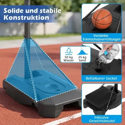 Basketbalový koš s PE deskou, venkovní basketbalový systém, 215-260 cm, výškově nastavitelný v 8 směrech