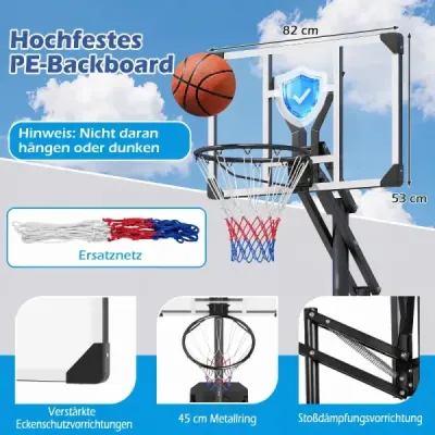 Basketbalový koš s PE deskou, venkovní basketbalový systém, 215-260 cm, výškově nastavitelný v 8 směrech