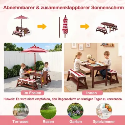 Dětská dřevěná sedací souprava se slunečníkem, dětský piknikový stůl se 2 lavicemi, odnímatelný sedák, červená