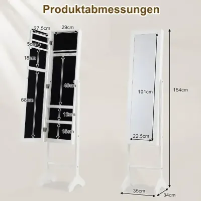 Skříňka na šperky 2 v 1 s robustním dřevěným rámem, celotělovým zrcadlem a 3 policemi, 35 x 34 x 154 cm, bílá