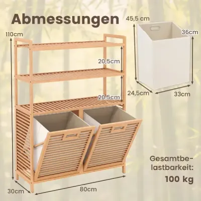 Bambusový koš na prádlo se 2 přihrádkami a 3stupňovou odkládací policí, 80 x 30 x 110 cm, přírodní