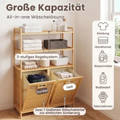 Bambusový koš na prádlo se 2 přihrádkami a 3stupňovou odkládací policí, 80 x 30 x 110 cm, přírodní
