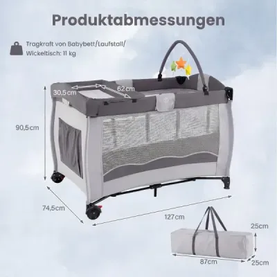 4 v 1: dětská postýlka, cestovní postýlka, dětská postel, ohrádka, skládací postýlka, kolébka, dětská cestovní postýlka – šedá